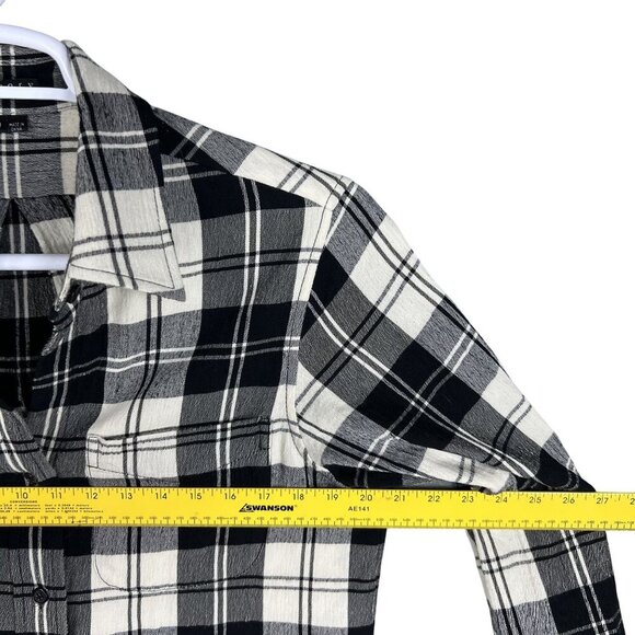 Theory Women 10 Black White Tartan Plaid Button Up Tunic Shirt Virgin Wool Blend - Picture 9 of 15